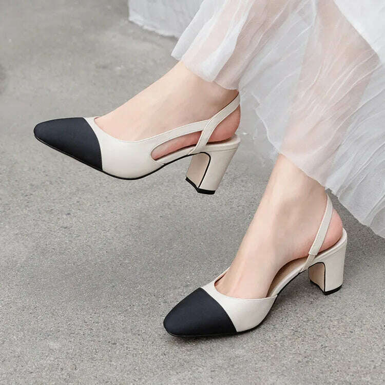 33-43 Women Real Leather Shoes Luxury Brand Designer Mix-color Slingback High Heeled Pumps Ladies Spring Summer Sandals - KIMLUD