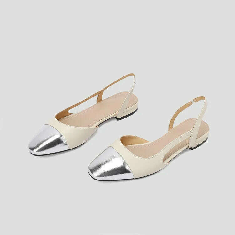 KIMLUD, 33-43 Women Real Leather Shoes Luxury Brand Designer Mix-color Slingback High Heeled Pumps Ladies Spring Summer Sandals, Beige Silver Flats / 3, KIMLUD Womens Clothes