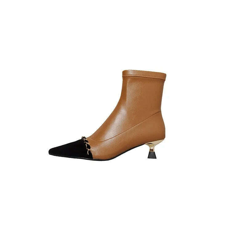 KIMLUD, Ochanmeb Women Luxury Designer Chain Mix-color Boots Sheep Suede Pointy Toe Kitten Heel Ankle Boot Nude Autumn Winter Shoe Botas, KIMLUD Women's Clothes