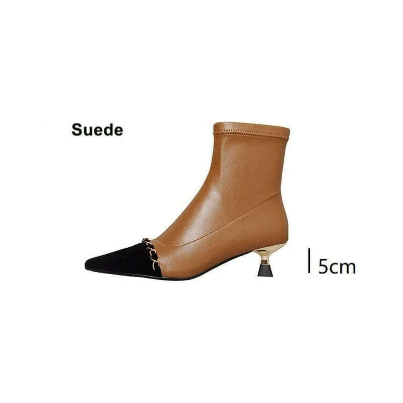 KIMLUD, Women Luxury Designer Chain Mix-color Boots Sheep Suede Pointy Toe Kitten Heel Ankle Boot Nude Autumn Winter Shoe Botas, KIMLUD Womens Clothes