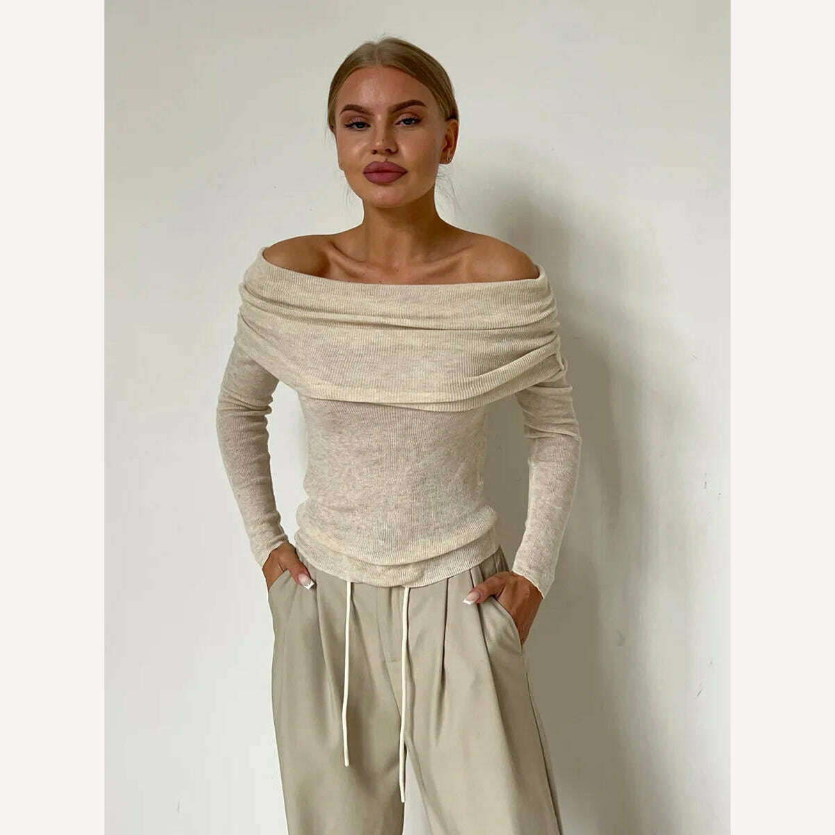 KIMLUD, Off Shoulder Sweater Women Winter Wool Cashmere Sweater Slash Neck Long Sleeve Knitted Top Female Jumper Sweaters Knitwear, Apricot / S, KIMLUD Womens Clothes