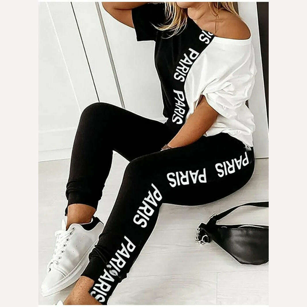 Off Shoulder Tracksuit Women Two Piece Set Summer Clothes Letter Print Colorblock Tshirt Top Long Pants Suit Women Set Outfits - KIMLUD