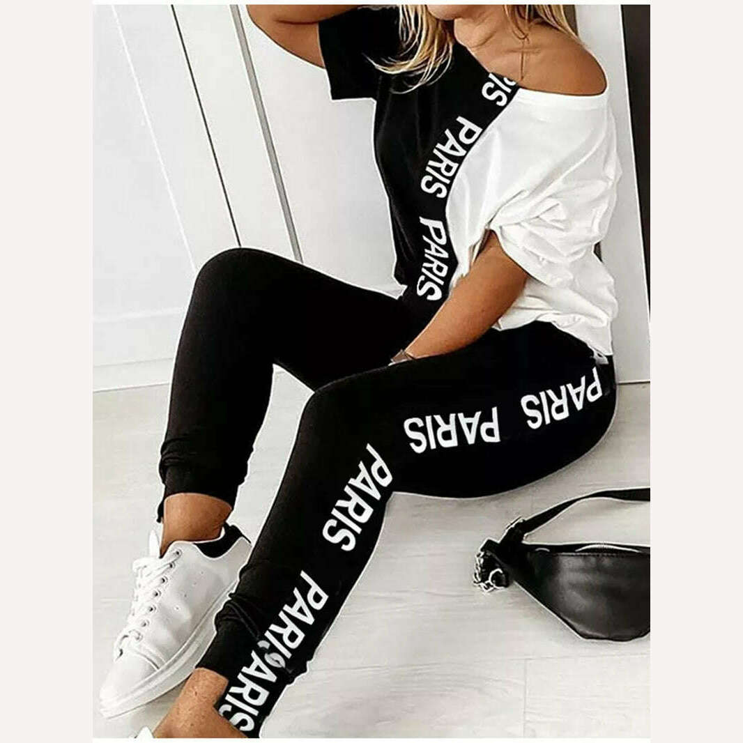 KIMLUD, Off Shoulder Tracksuit Women Two Piece Set Summer Clothes Letter Print Colorblock Tshirt Top Long Pants Suit Women Set Outfits, Black / S / CN, KIMLUD Womens Clothes