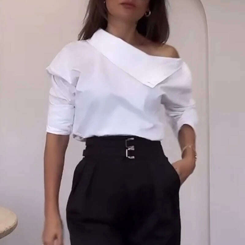 KIMLUD, Office Ladies One Shoulder Temperament Blouse 2025 Fashion Metal Button Slim Shirts Vestido Women New White Long Sleeve Tops, KIMLUD Womens Clothes