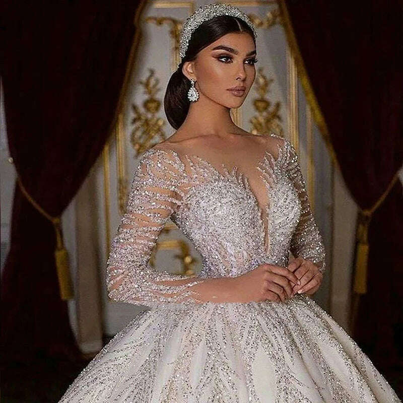 KIMLUD, Oisslec Sexy Exquisite V Neck Long Sleeves Wedding Dress Sparkly Crystal Appliques Backless Beading Bridal Ball GownS for Women, WHITE / CHINA / 24W, KIMLUD APPAREL - Womens Clothes