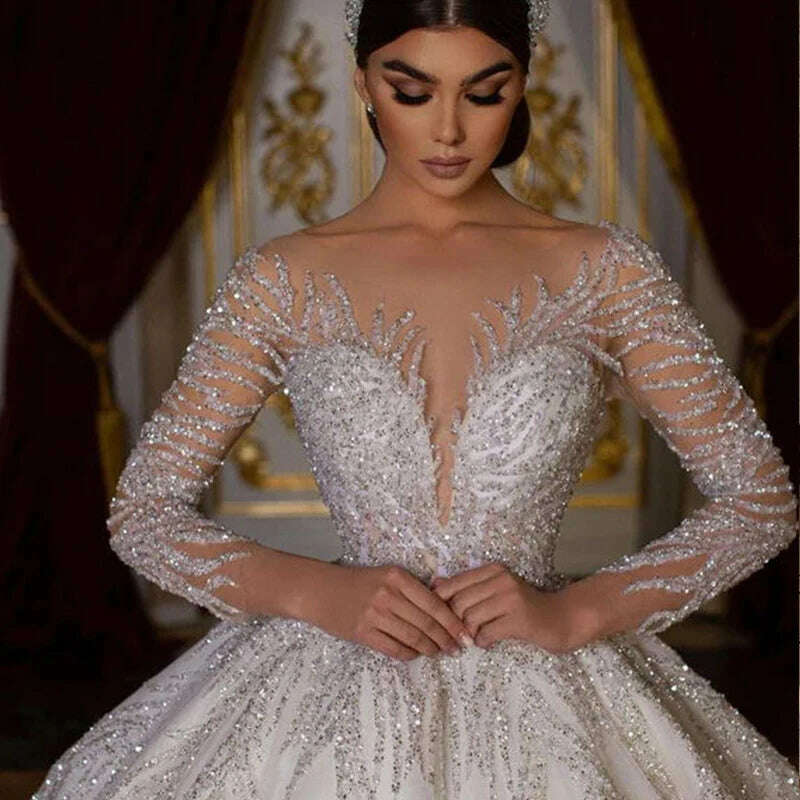 KIMLUD, Oisslec Sexy Exquisite V Neck Long Sleeves Wedding Dress Sparkly Crystal Appliques Backless Beading Bridal Ball GownS for Women, KIMLUD Women's Clothes