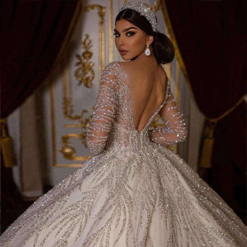 KIMLUD, Oisslec Sexy Exquisite V Neck Long Sleeves Wedding Dress Sparkly Crystal Appliques Backless Beading Bridal Ball GownS for Women, KIMLUD Womens Clothes