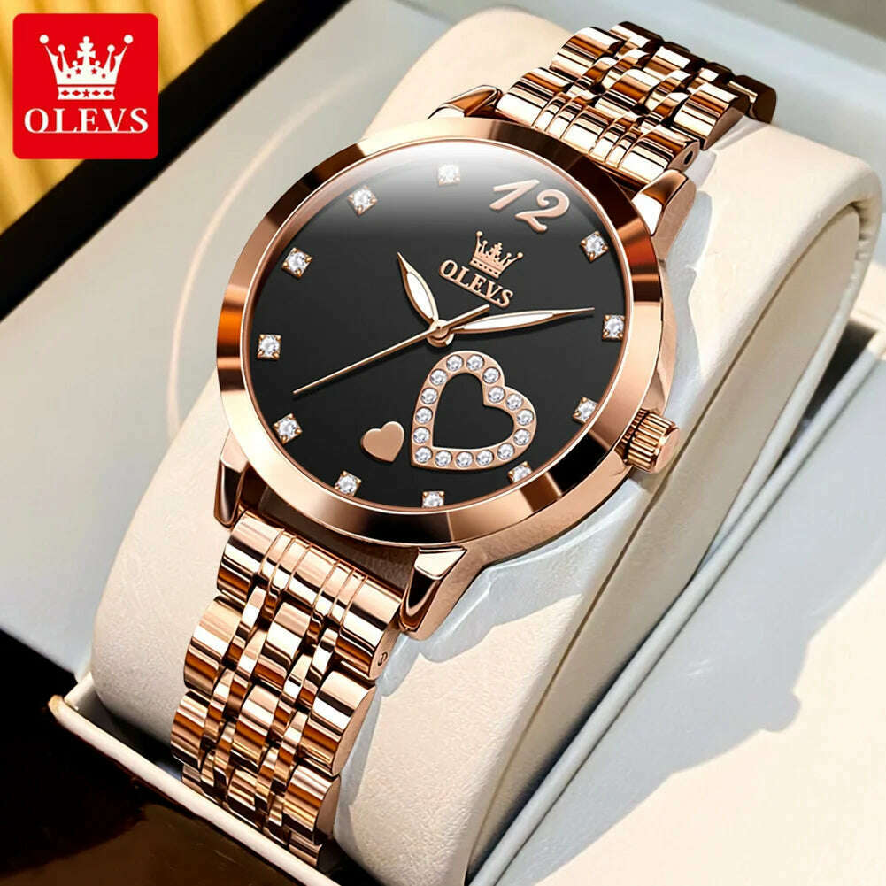 KIMLUD, OLEVS 5189 Luxury Quartz Watch For Women Waterproof Luminous Stainless Steel Women's Watches Heart Shape Simple Dial Hand Clock, KIMLUD Womens Clothes
