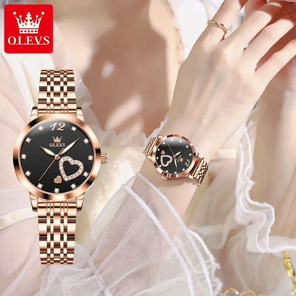 OLEVS 5189 Luxury Quartz Watch For Women Waterproof Luminous Stainless Steel Women's Watches Heart Shape Simple Dial Hand Clock - KIMLUD