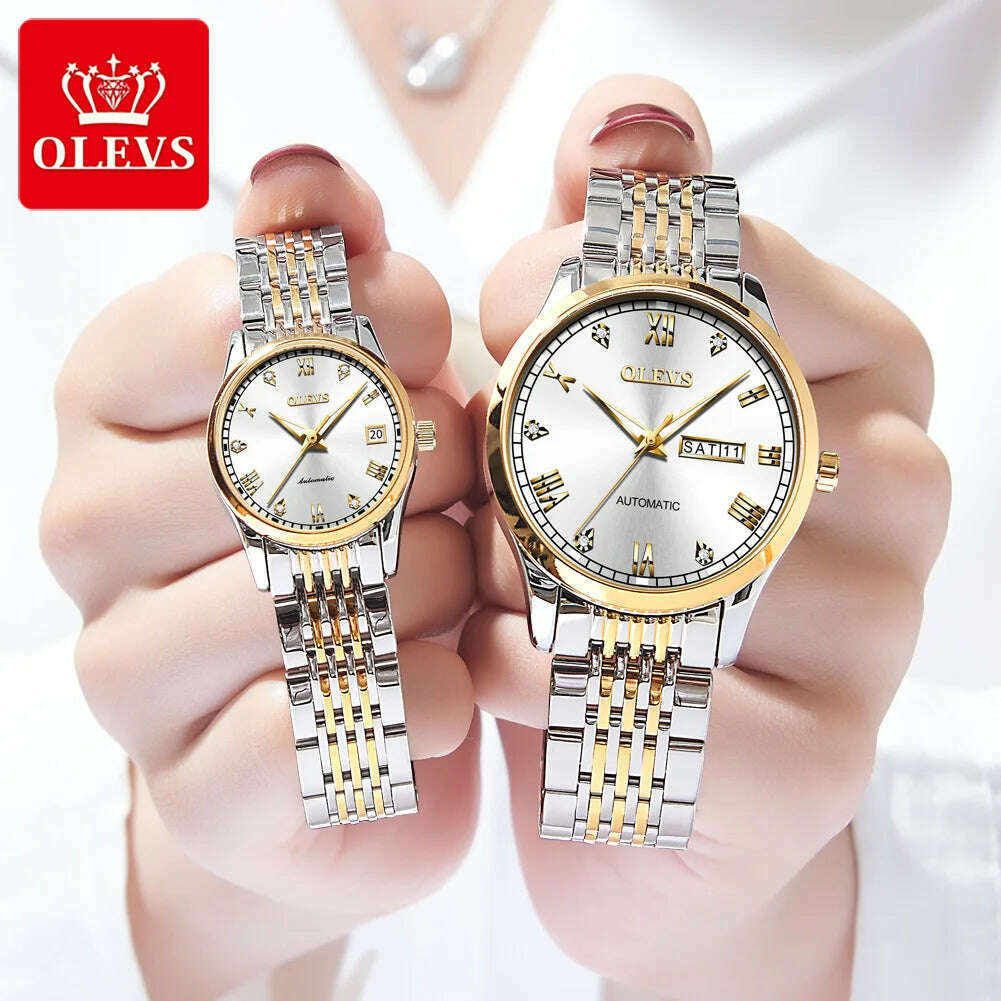 KIMLUD, OLEVS Couple Automatic Mechanical Watches Set for Her and Him Waterproof Men&#39;s And Women&#39;s Valentine&#39;s Day Watch Gift 6602 Hot, KIMLUD Women's Clothes