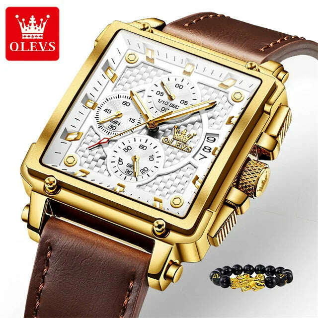 KIMLUD, OLEVS Original Watch for Men Top Brand Luxury Hollow Square Sport Watches Fashion Leather Strap Waterproof Quartz Wristwatch Hot, 9925 Brown White / China, KIMLUD Womens Clothes