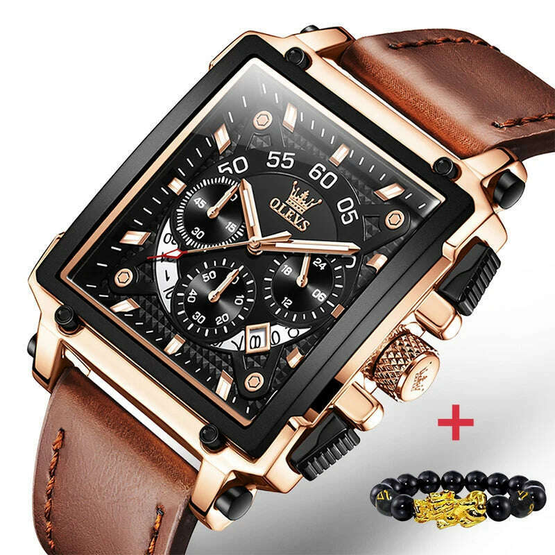 KIMLUD, OLEVS Original Watch for Men Top Brand Luxury Hollow Square Sport Watches Fashion Leather Strap Waterproof Quartz Wristwatch Hot, 9919 brown-gold / China, KIMLUD Womens Clothes
