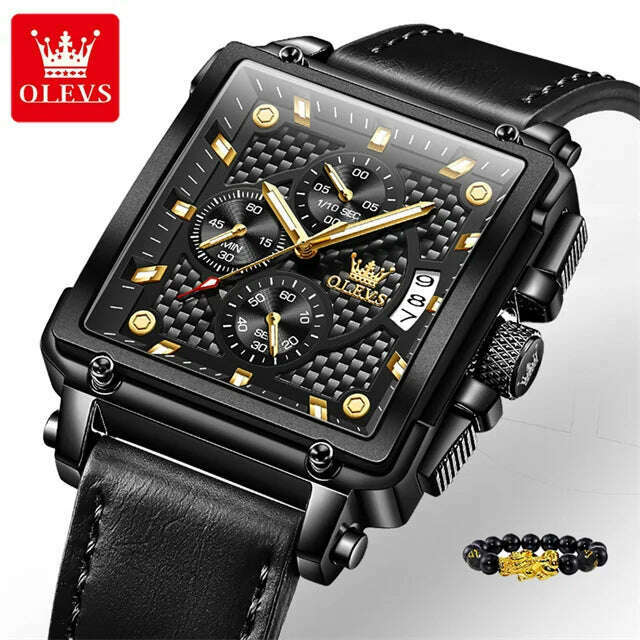 KIMLUD, OLEVS Original Watch for Men Top Brand Luxury Hollow Square Sport Watches Fashion Leather Strap Waterproof Quartz Wristwatch Hot, 9925 All Black / China, KIMLUD Womens Clothes