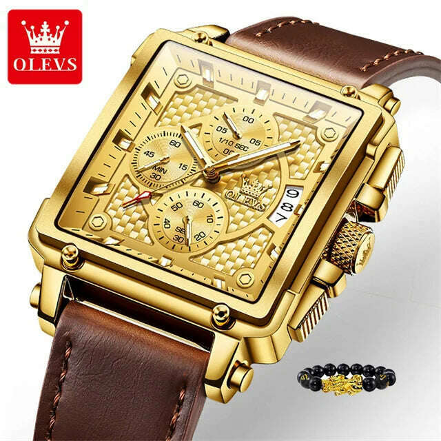 KIMLUD, OLEVS Original Watch for Men Top Brand Luxury Hollow Square Sport Watches Fashion Leather Strap Waterproof Quartz Wristwatch Hot, 9925 Brown Gold / China, KIMLUD Womens Clothes