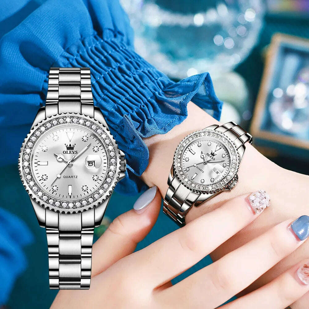 KIMLUD, OLEVS Original Women Watch Luxury Diamond Stainless Steel Waterproof Quartz Ladies Wristwatch Luminous Femme Watches Reloj Mujer, KIMLUD Women's Clothes
