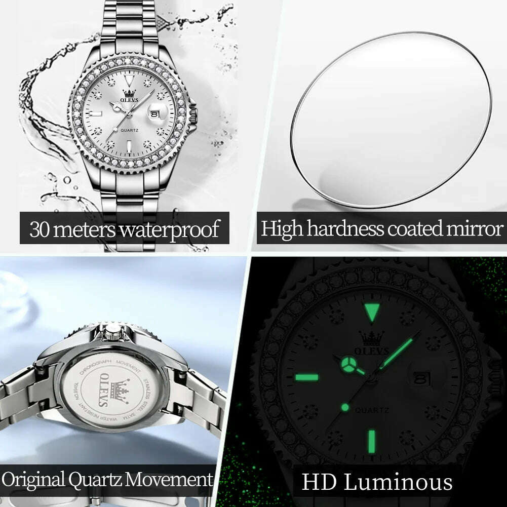 KIMLUD, OLEVS Original Women Watch Luxury Diamond Stainless Steel Waterproof Quartz Ladies Wristwatch Luminous Femme Watches Reloj Mujer, KIMLUD Womens Clothes