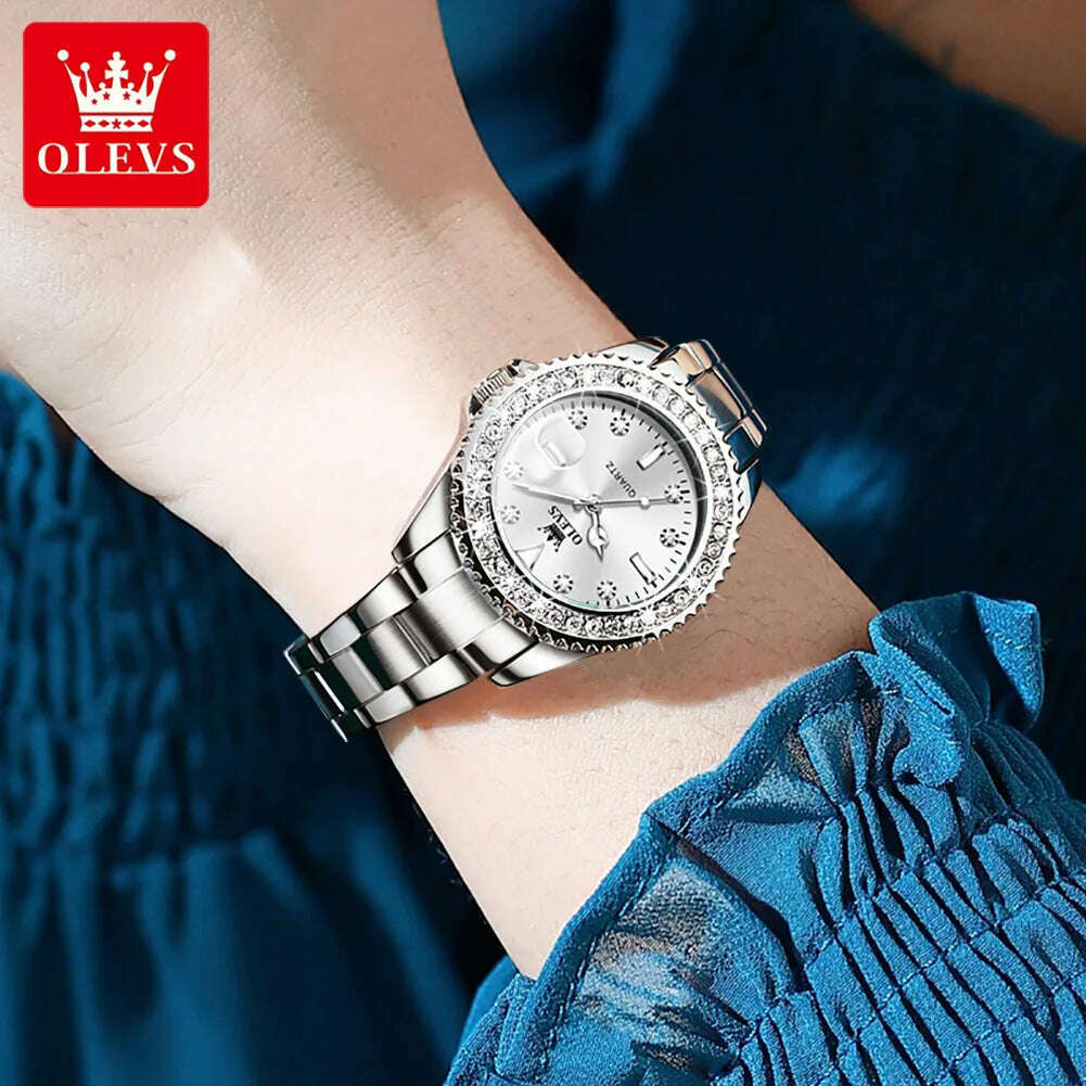 KIMLUD, OLEVS Original Women Watch Luxury Diamond Stainless Steel Waterproof Quartz Ladies Wristwatch Luminous Femme Watches Reloj Mujer, KIMLUD Womens Clothes