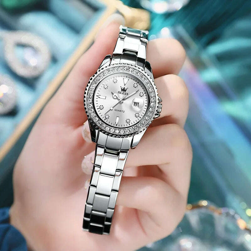 KIMLUD, OLEVS Original Women Watch Luxury Diamond Stainless Steel Waterproof Quartz Ladies Wristwatch Luminous Femme Watches Reloj Mujer, KIMLUD Womens Clothes