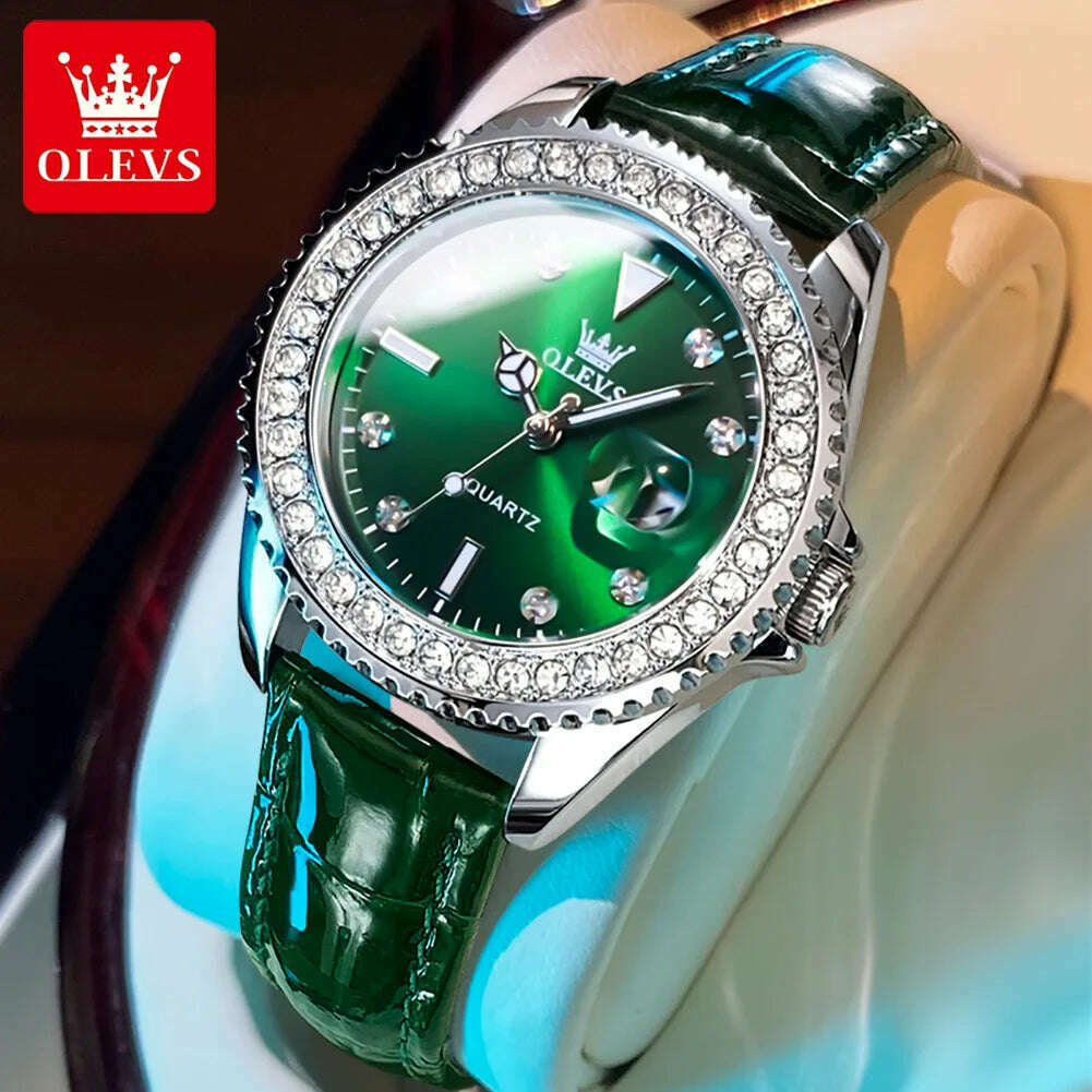 KIMLUD, OLEVS Original Women Watch Luxury Diamond Stainless Steel Waterproof Quartz Ladies Wristwatch Luminous Femme Watches Reloj Mujer, Leather Green, KIMLUD Womens Clothes