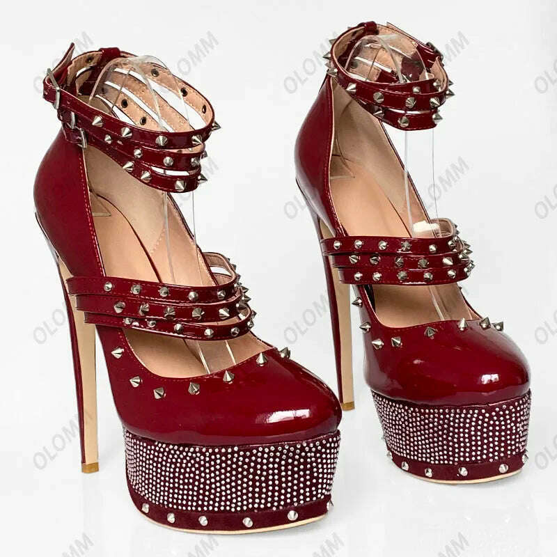 KIMLUD, Olomm Handmade Women Platform Pumps Sexy Studded Stiletto High Heels Round Toe Gorgeous Red Party Shoes Women Plus US Size 5-20, KIMLUD Womens Clothes