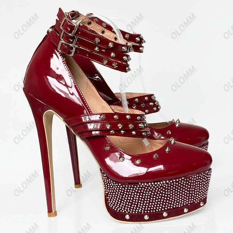 KIMLUD, Olomm Handmade Women Platform Pumps Sexy Studded Stiletto High Heels Round Toe Gorgeous Red Party Shoes Women Plus US Size 5-20, KIMLUD Womens Clothes