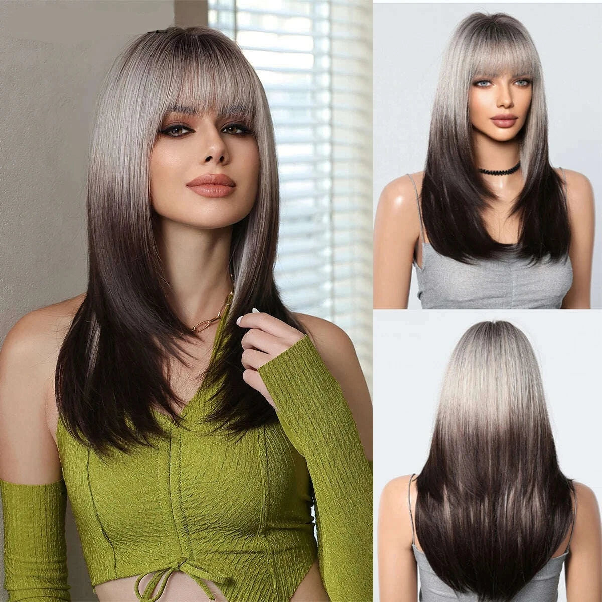 Ombre Black Brown to Gray White Straight Wigs for Women Long Layered Synthetic Wig With Bangs Heat Resistant Fiber Wig for Daily - KIMLUD