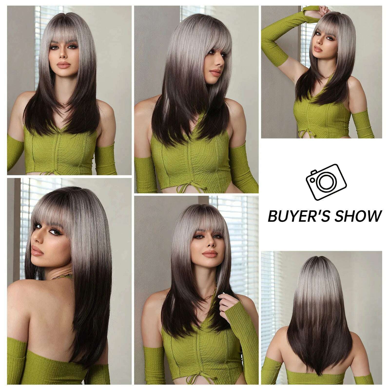 Ombre Black Brown to Gray White Straight Wigs for Women Long Layered Synthetic Wig With Bangs Heat Resistant Fiber Wig for Daily - KIMLUD