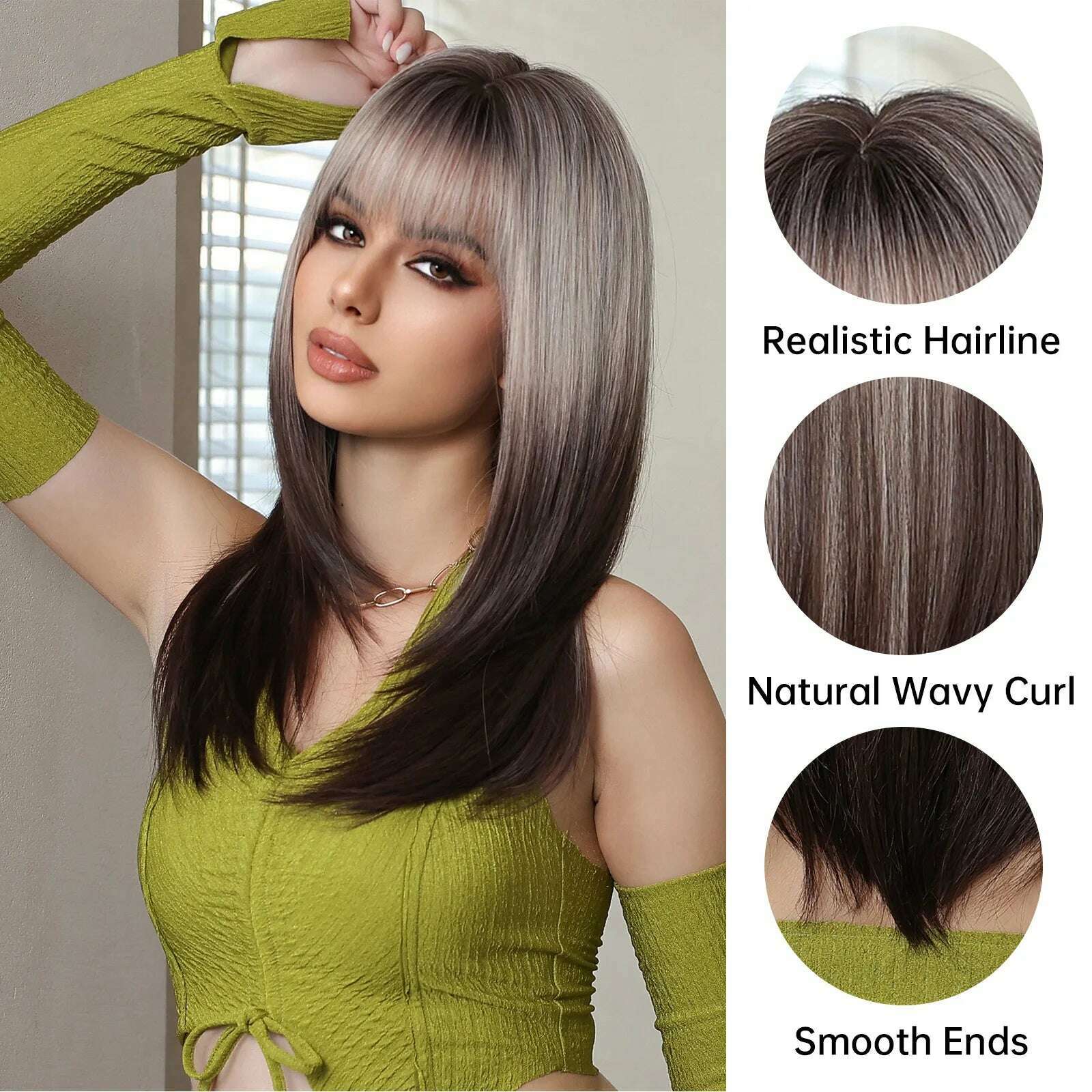 Ombre Black Brown to Gray White Straight Wigs for Women Long Layered Synthetic Wig With Bangs Heat Resistant Fiber Wig for Daily - KIMLUD