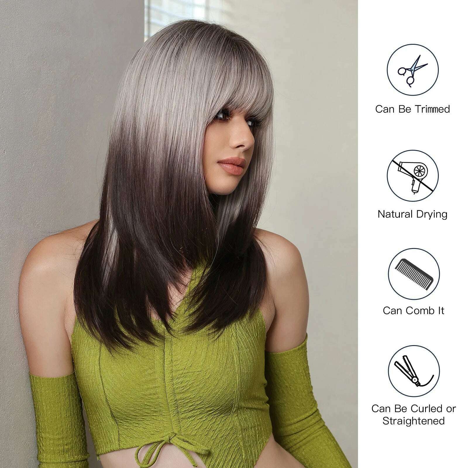 Ombre Black Brown to Gray White Straight Wigs for Women Long Layered Synthetic Wig With Bangs Heat Resistant Fiber Wig for Daily - KIMLUD