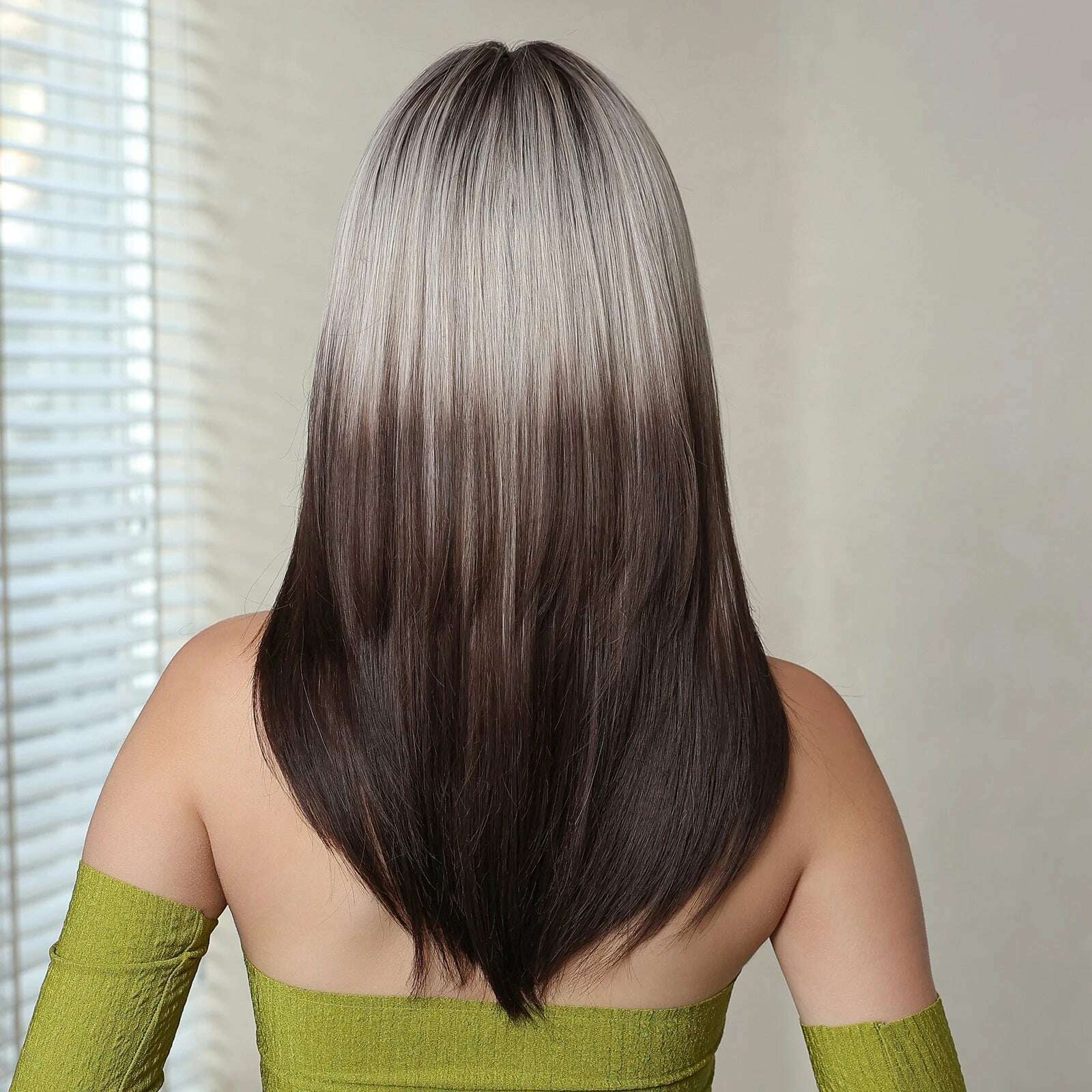 Ombre Black Brown to Gray White Straight Wigs for Women Long Layered Synthetic Wig With Bangs Heat Resistant Fiber Wig for Daily - KIMLUD