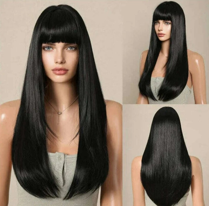 Ombre Black Brown to Gray White Straight Wigs for Women Long Layered Synthetic Wig With Bangs Heat Resistant Fiber Wig for Daily - KIMLUD