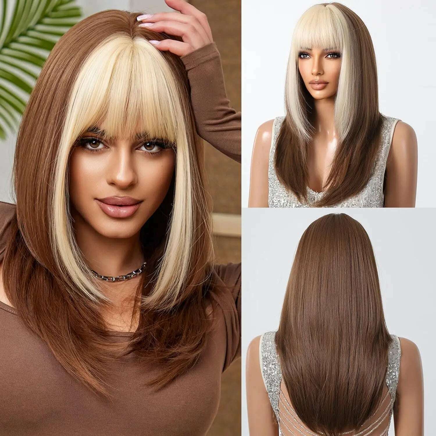 Ombre Black Brown to Gray White Straight Wigs for Women Long Layered Synthetic Wig With Bangs Heat Resistant Fiber Wig for Daily - KIMLUD