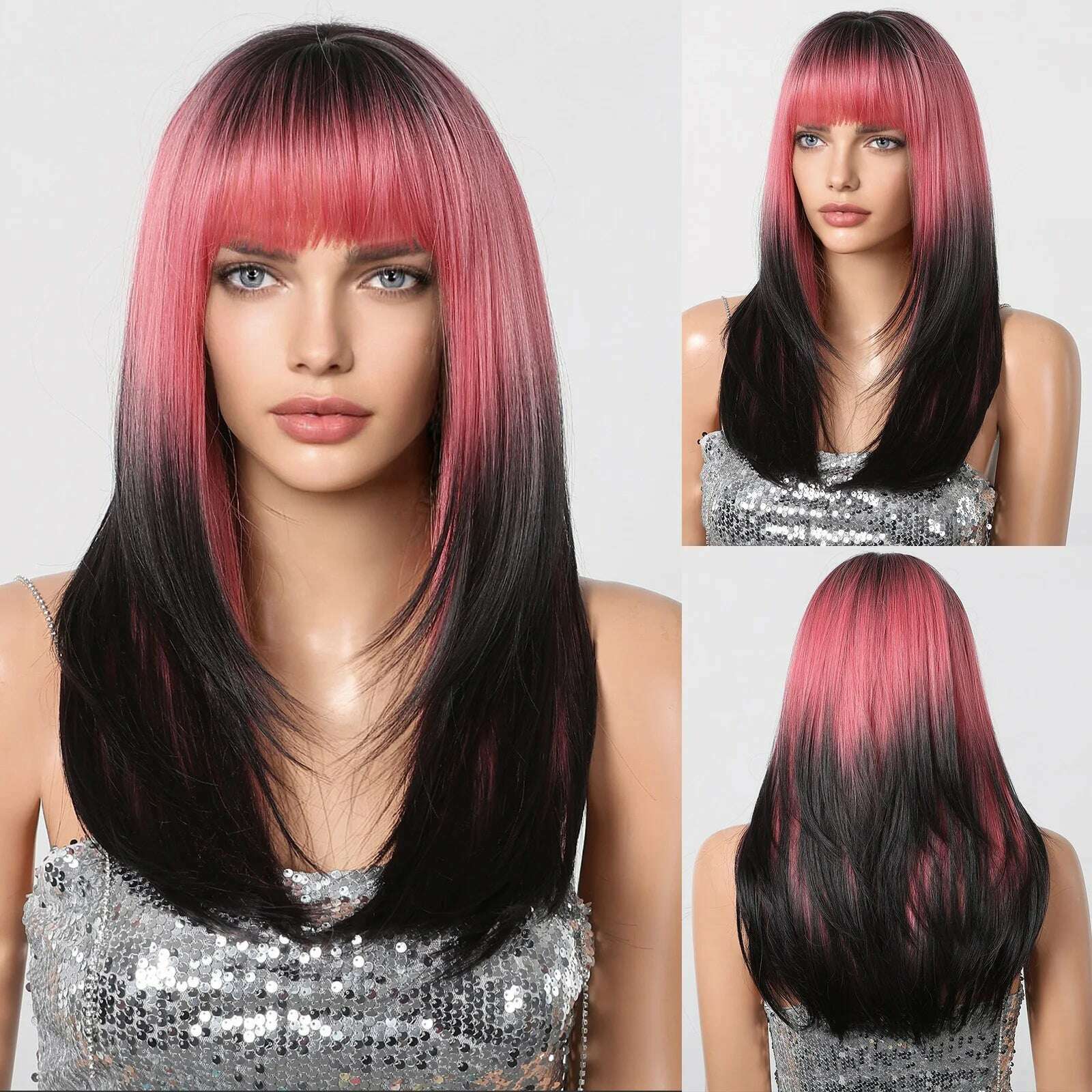 Ombre Black Brown to Gray White Straight Wigs for Women Long Layered Synthetic Wig With Bangs Heat Resistant Fiber Wig for Daily - KIMLUD