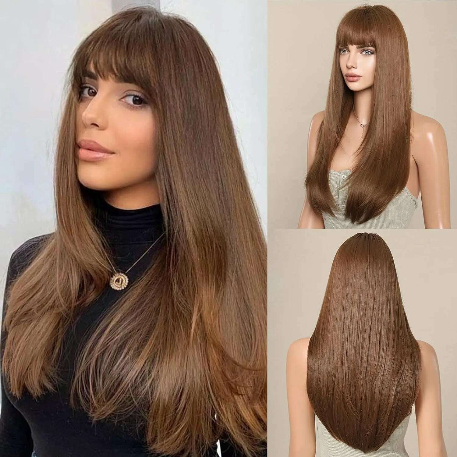 Ombre Black Brown to Gray White Straight Wigs for Women Long Layered Synthetic Wig With Bangs Heat Resistant Fiber Wig for Daily - KIMLUD