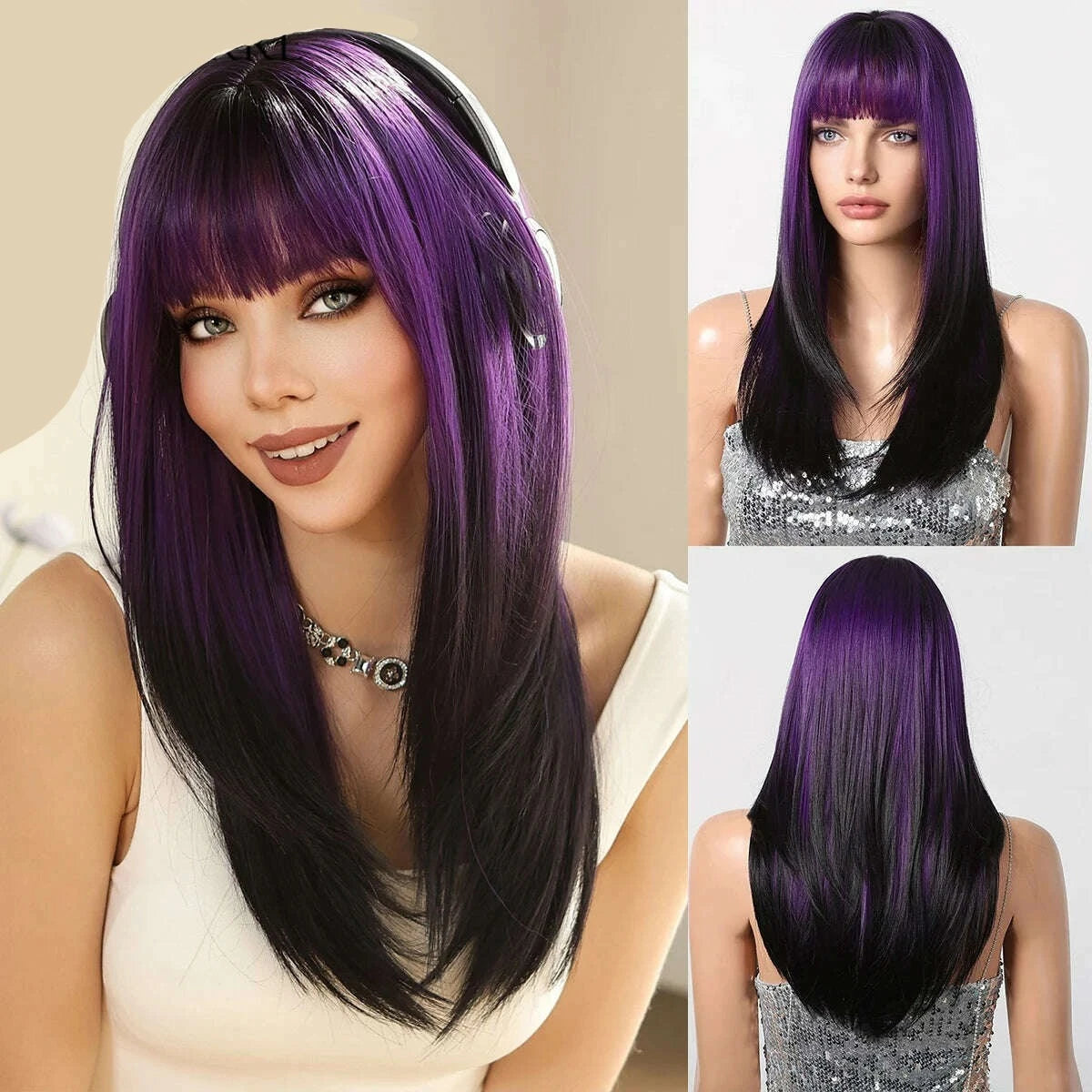 Ombre Black Brown to Gray White Straight Wigs for Women Long Layered Synthetic Wig With Bangs Heat Resistant Fiber Wig for Daily - KIMLUD