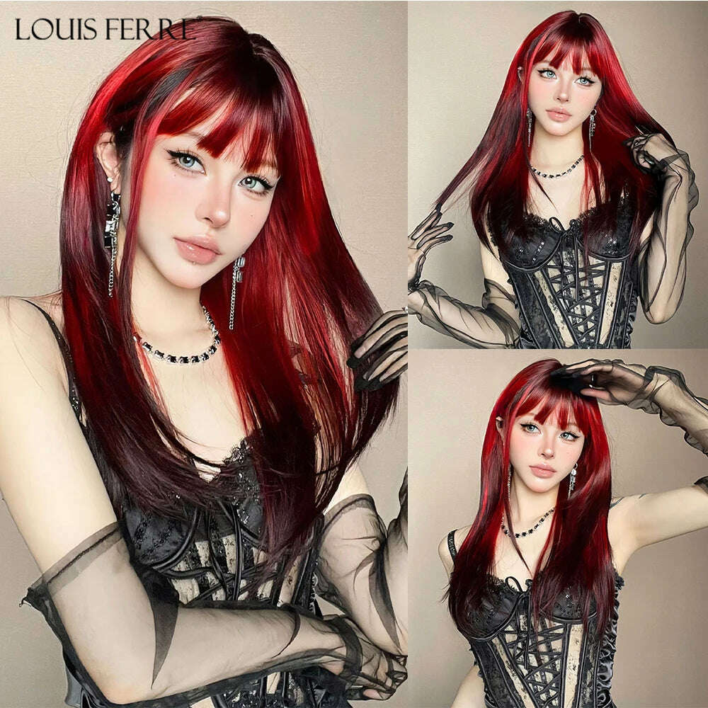 Ombre Red Black Cosplay Wigs for Women Long Straight Layered Synthetic Wigs With Bangs Lolita Party Heat Resistant Natural Hair - KIMLUD