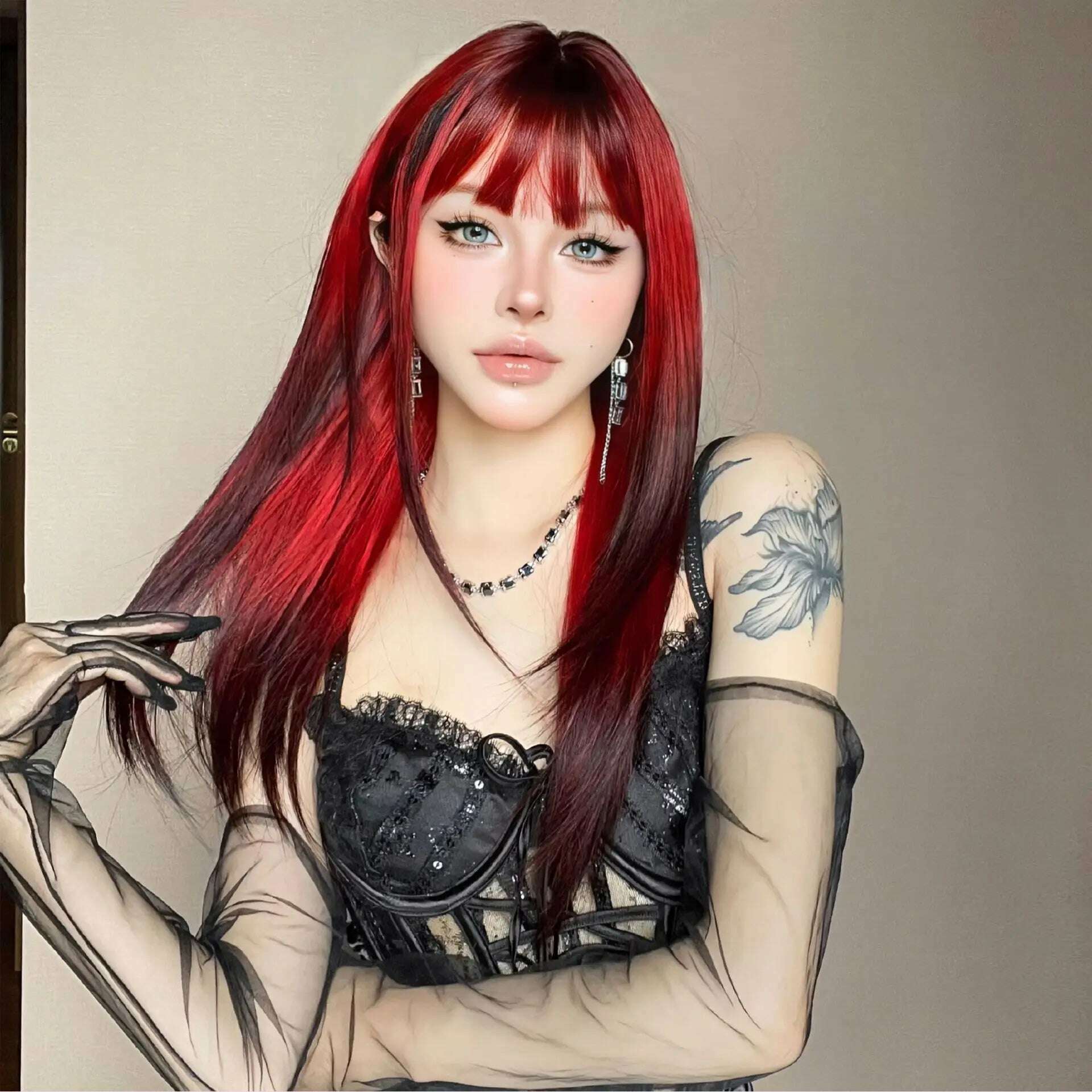 Ombre Red Black Cosplay Wigs for Women Long Straight Layered Synthetic Wigs With Bangs Lolita Party Heat Resistant Natural Hair - KIMLUD