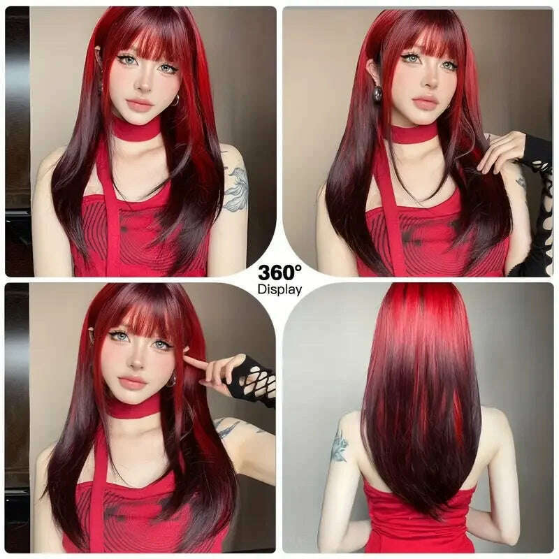 Ombre Red Black Cosplay Wigs for Women Long Straight Layered Synthetic Wigs With Bangs Lolita Party Heat Resistant Natural Hair - KIMLUD