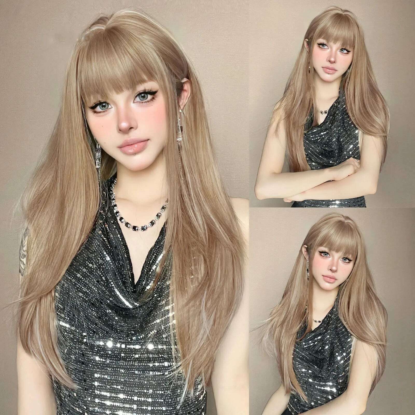 Ombre Red Black Cosplay Wigs for Women Long Straight Layered Synthetic Wigs With Bangs Lolita Party Heat Resistant Natural Hair - KIMLUD