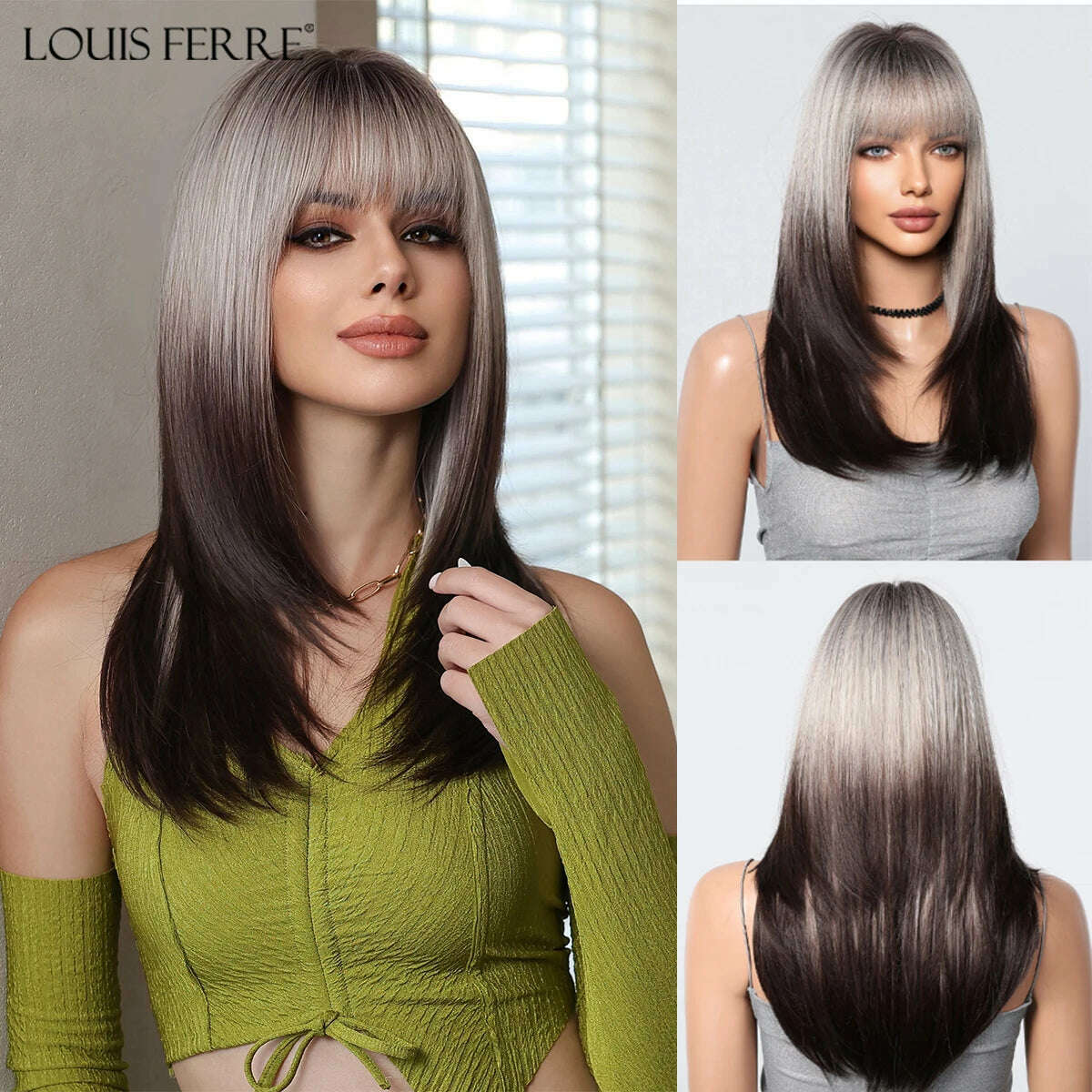 Ombre Red Black Cosplay Wigs for Women Long Straight Layered Synthetic Wigs With Bangs Lolita Party Heat Resistant Natural Hair - KIMLUD