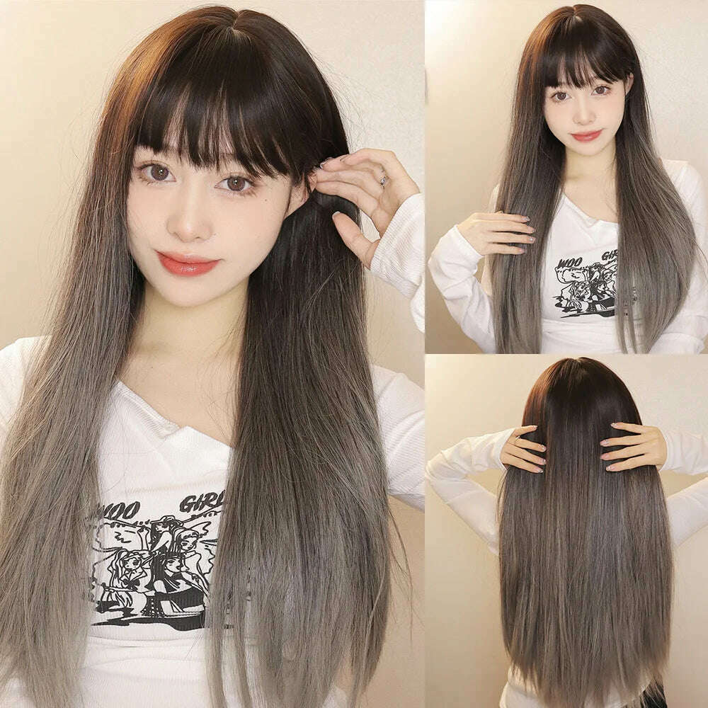 Ombre Red Black Cosplay Wigs for Women Long Straight Layered Synthetic Wigs With Bangs Lolita Party Heat Resistant Natural Hair - KIMLUD
