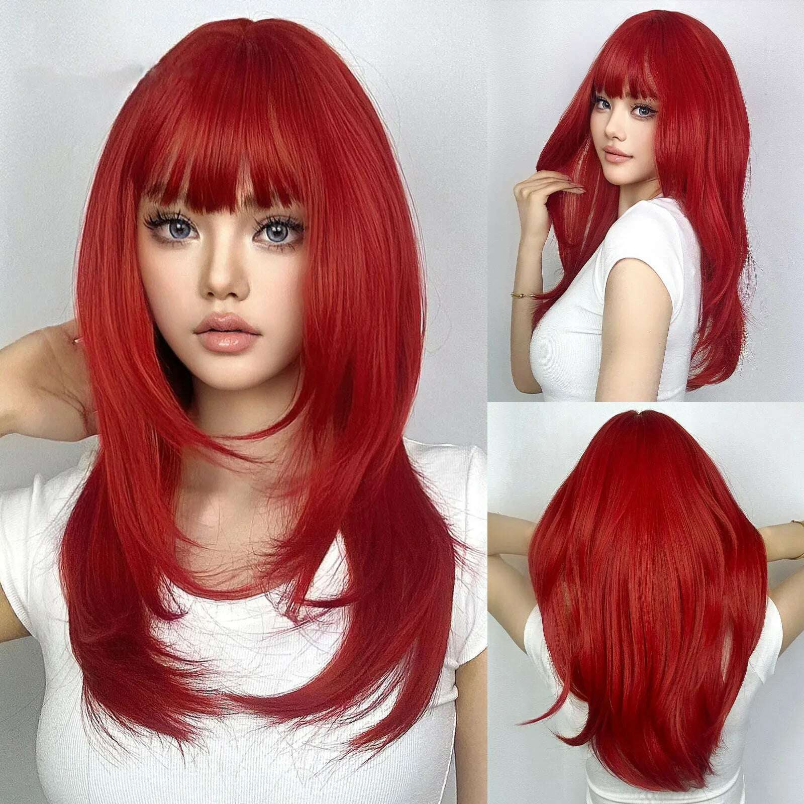 Ombre Red Black Cosplay Wigs for Women Long Straight Layered Synthetic Wigs With Bangs Lolita Party Heat Resistant Natural Hair - KIMLUD