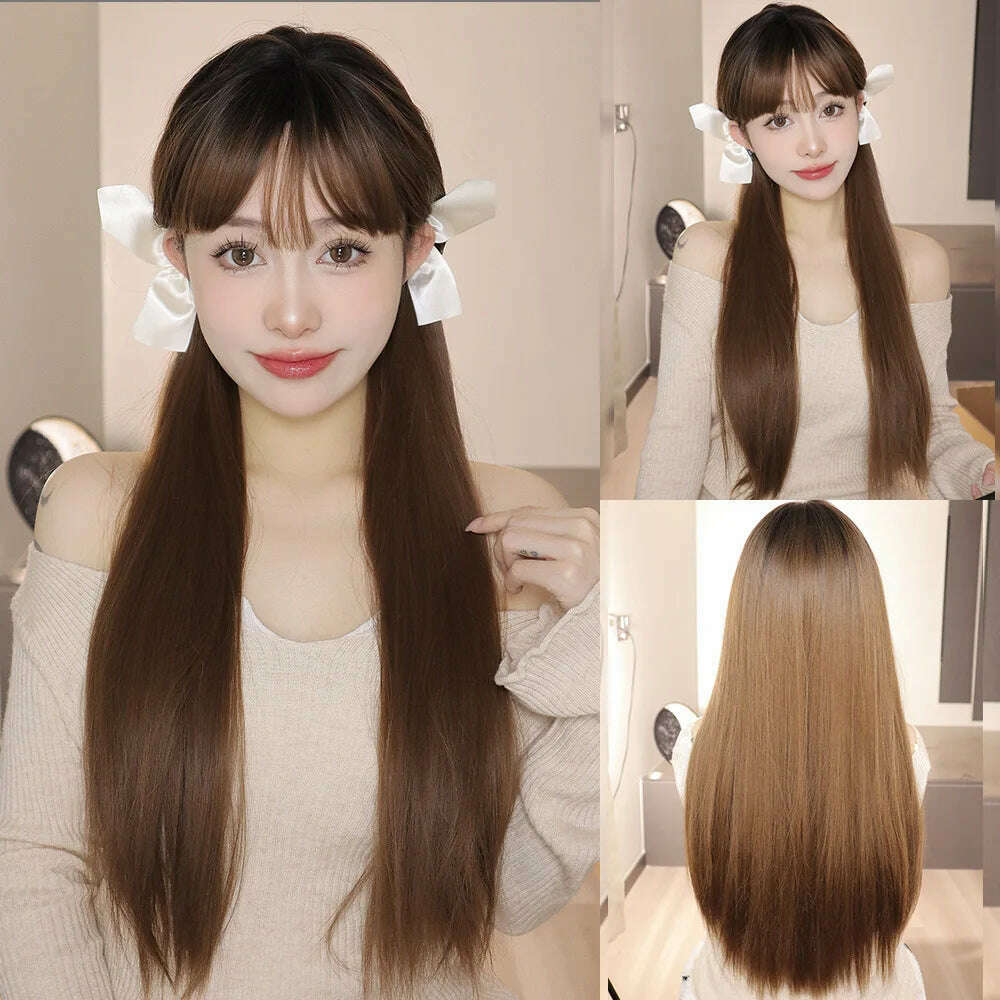Ombre Red Black Cosplay Wigs for Women Long Straight Layered Synthetic Wigs With Bangs Lolita Party Heat Resistant Natural Hair - KIMLUD