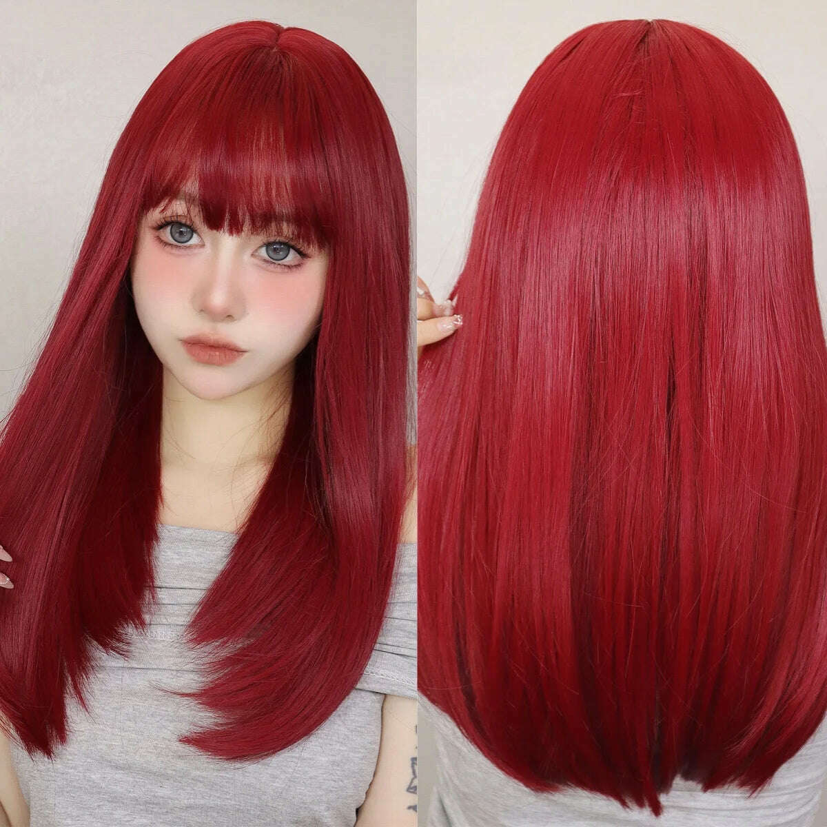Ombre Red Black Cosplay Wigs for Women Long Straight Layered Synthetic Wigs With Bangs Lolita Party Heat Resistant Natural Hair - KIMLUD
