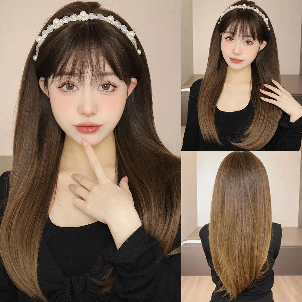 Ombre Red Black Cosplay Wigs for Women Long Straight Layered Synthetic Wigs With Bangs Lolita Party Heat Resistant Natural Hair - KIMLUD