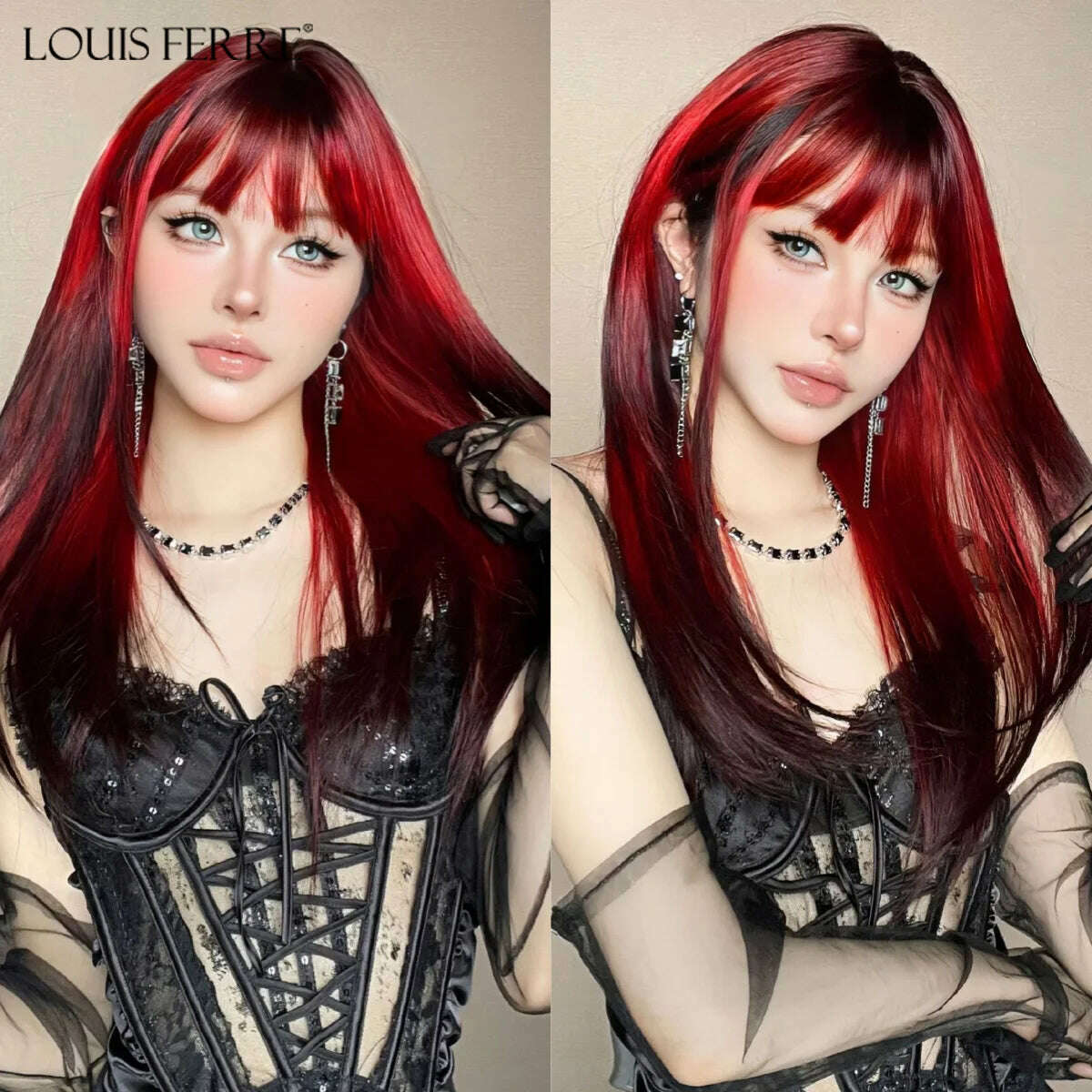 Ombre Red Black Cosplay Wigs for Women Long Straight Layered Synthetic Wigs With Bangs Lolita Party Heat Resistant Natural Hair - KIMLUD