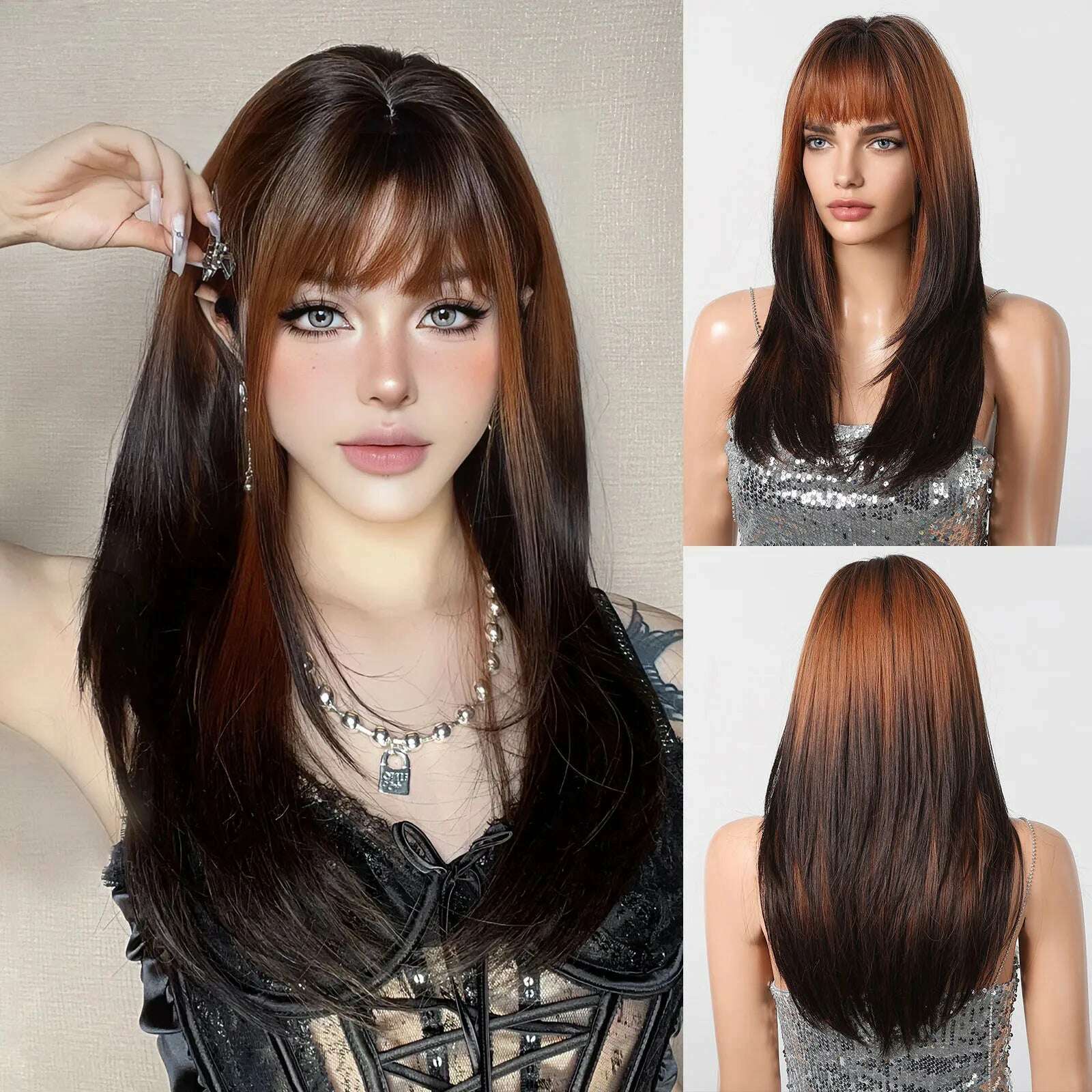 Ombre Red Black Cosplay Wigs for Women Long Straight Layered Synthetic Wigs With Bangs Lolita Party Heat Resistant Natural Hair - KIMLUD