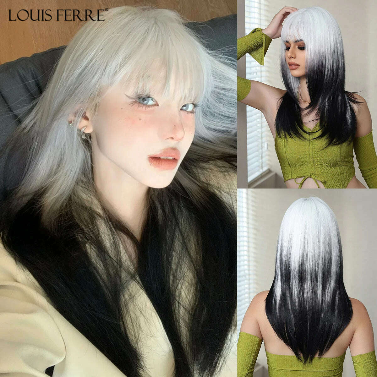 Ombre Red Black Cosplay Wigs for Women Long Straight Layered Synthetic Wigs With Bangs Lolita Party Heat Resistant Natural Hair - KIMLUD