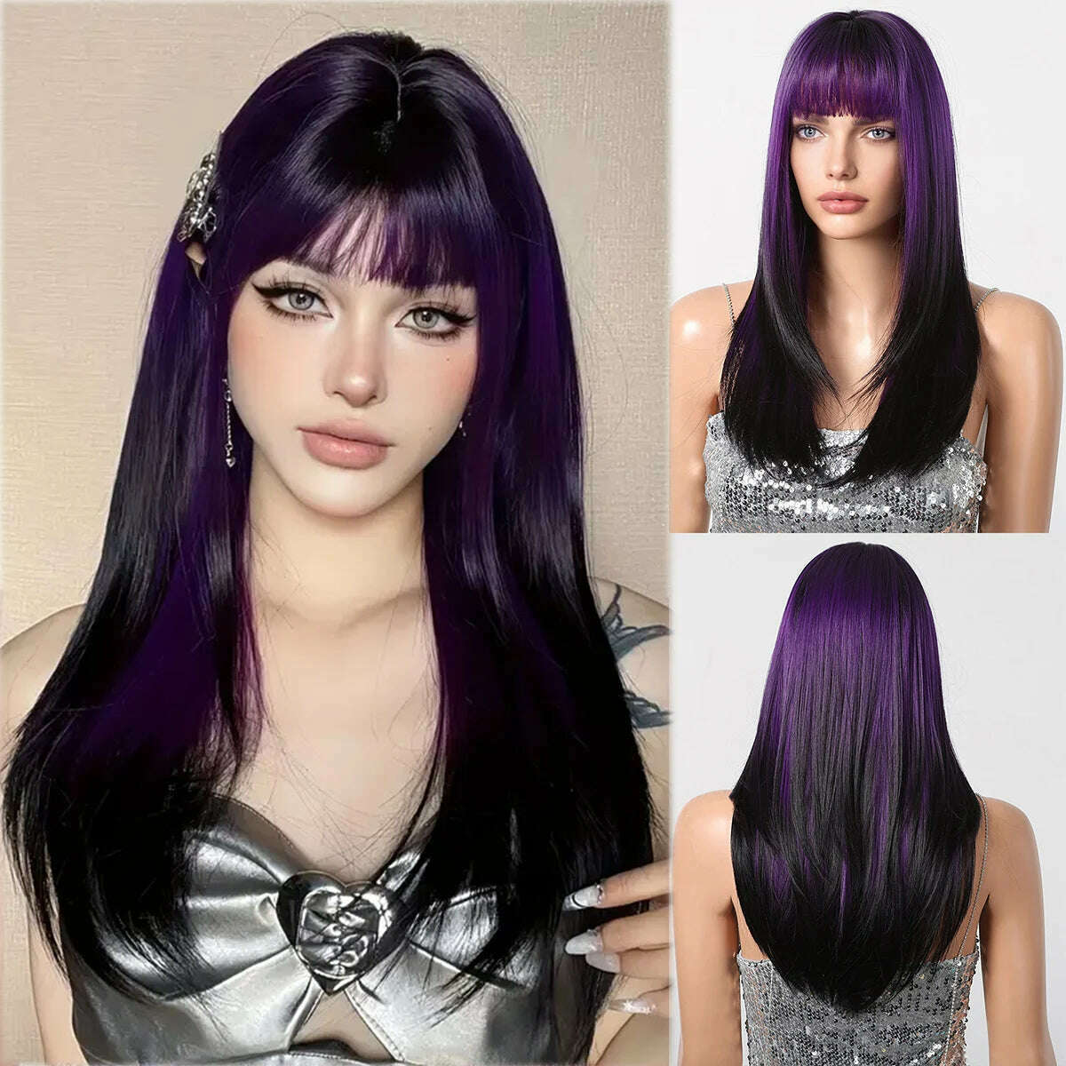 Ombre Red Black Cosplay Wigs for Women Long Straight Layered Synthetic Wigs With Bangs Lolita Party Heat Resistant Natural Hair - KIMLUD