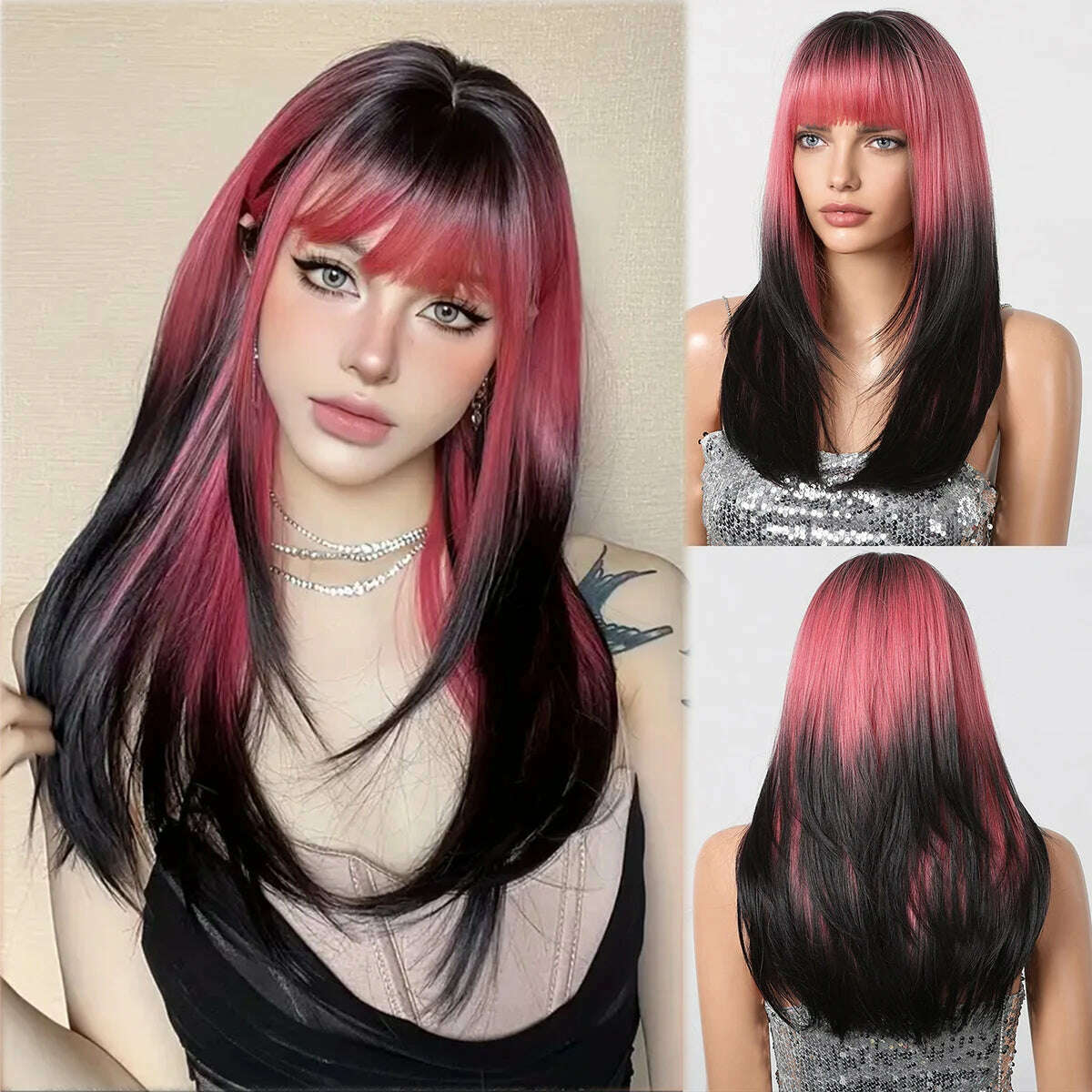 Ombre Red Black Cosplay Wigs for Women Long Straight Layered Synthetic Wigs With Bangs Lolita Party Heat Resistant Natural Hair - KIMLUD